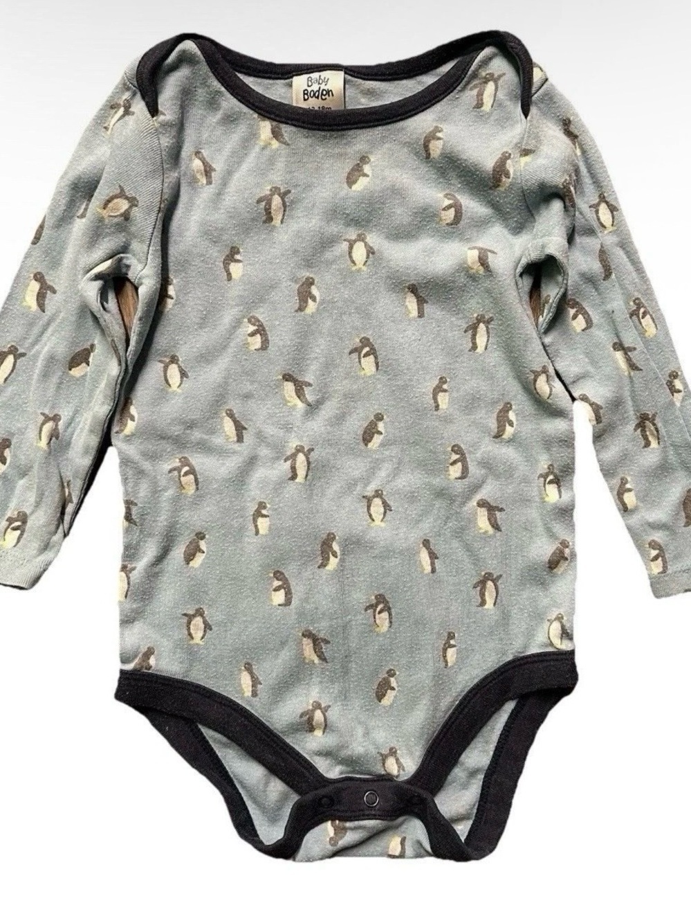 Baby Boden Long Sleeve Bodysuit Blue Penguins Size 12-18 Months